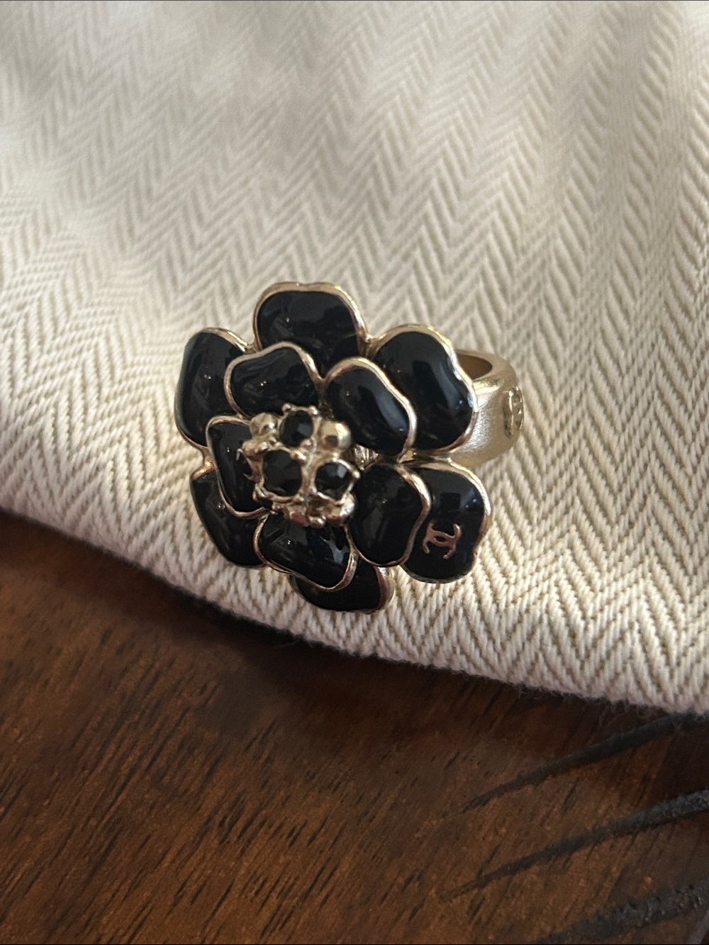 Chanel Camelia Flower  Black Enamel Flower Ring size 7.